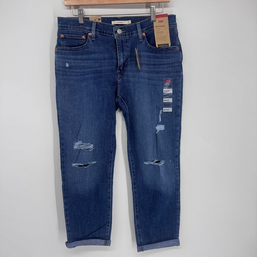 Levi's Boyfriend Jeans Womens 29 Blue Distressed Hypersoft Mid Rise Tapered‎ New
